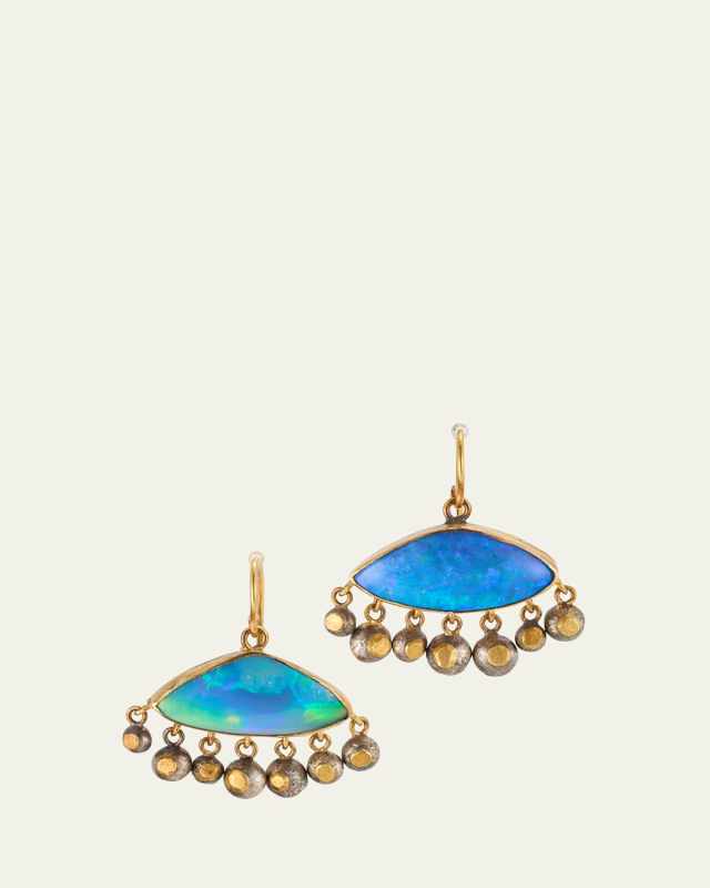 Rectangular Flashy Opal Earrings with Dangling Silver Balls and Gold Details